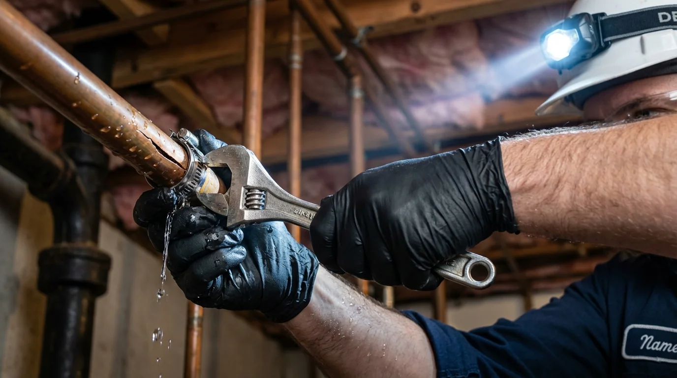 Emergency pipe clamp repair being performed by a Johns Plumbing LLC plumber in Winters