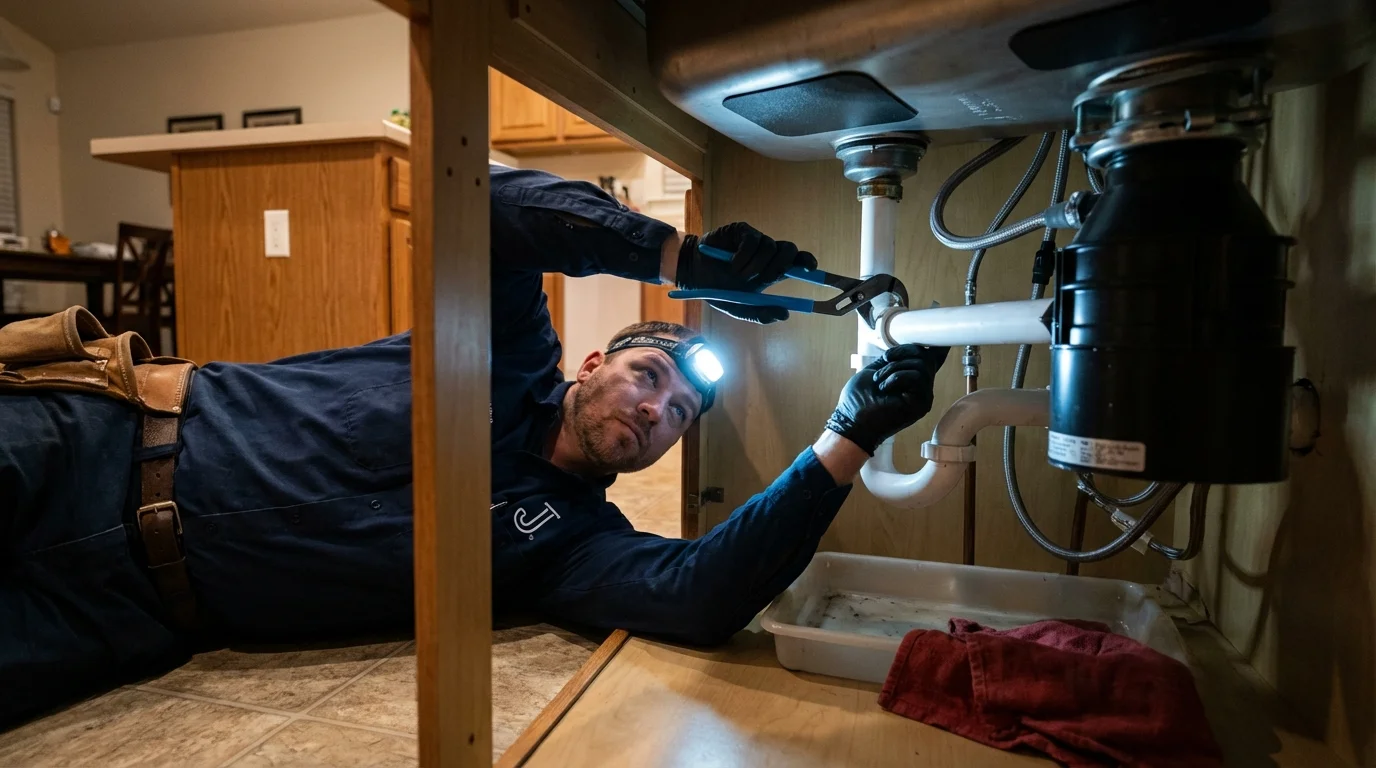 P-trap and supply line connections under a kitchen sink showing a common leak point in Winters, CA